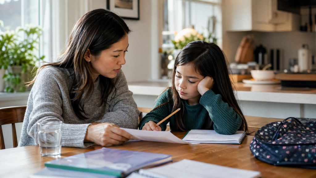 Parent sitting beside a child at the kitchen table, reviewing schoolwork and a report card with calm support after a long school day.