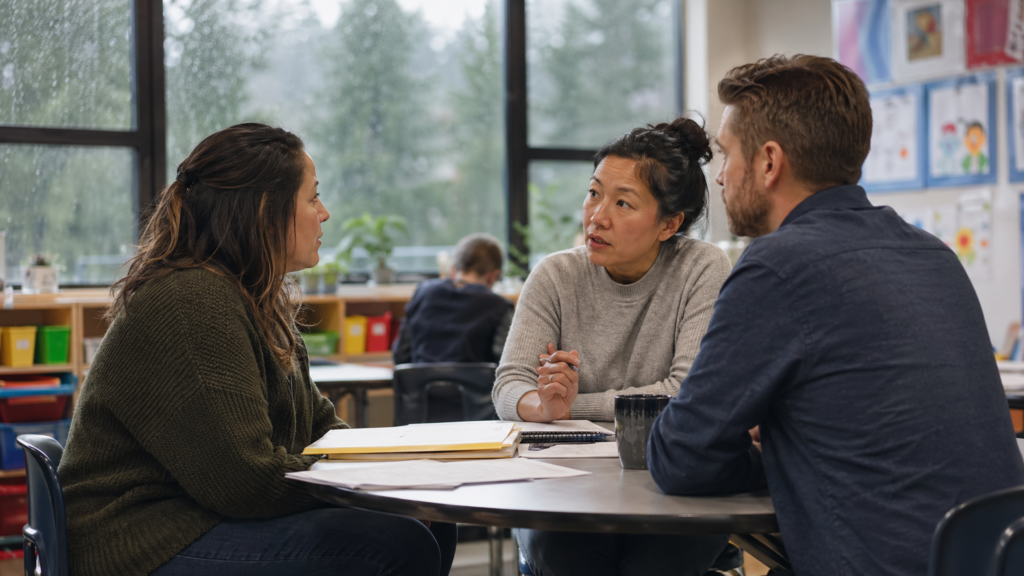 Parent and teachers discussing a competency-based IEP in a classroom
