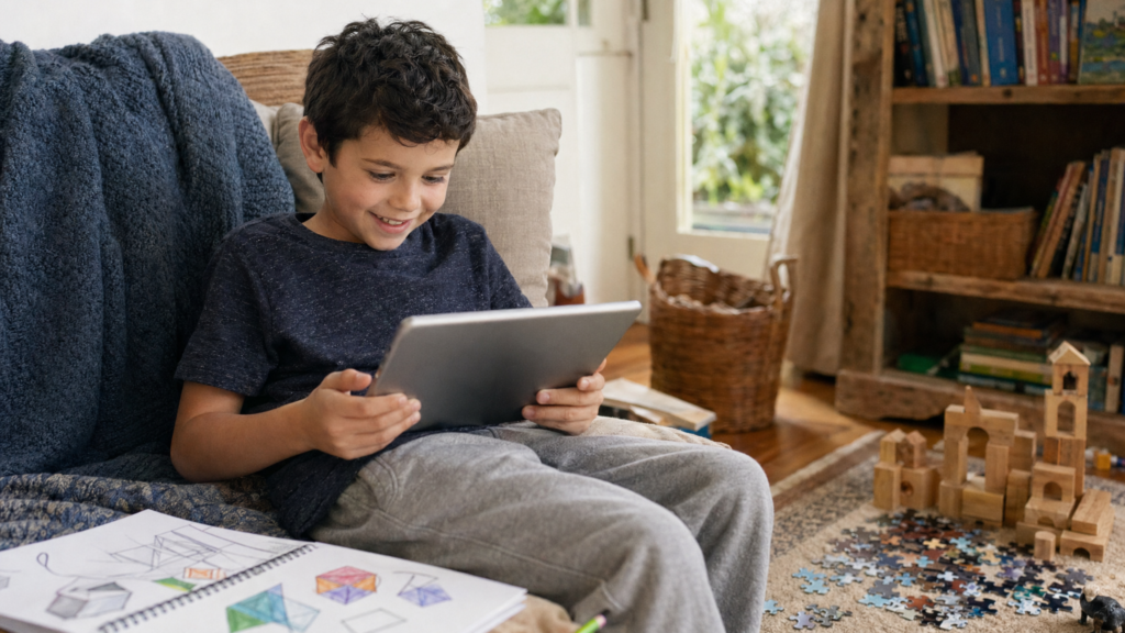 Excited child using a tablet for visual-spatial learning with NeoBuddi