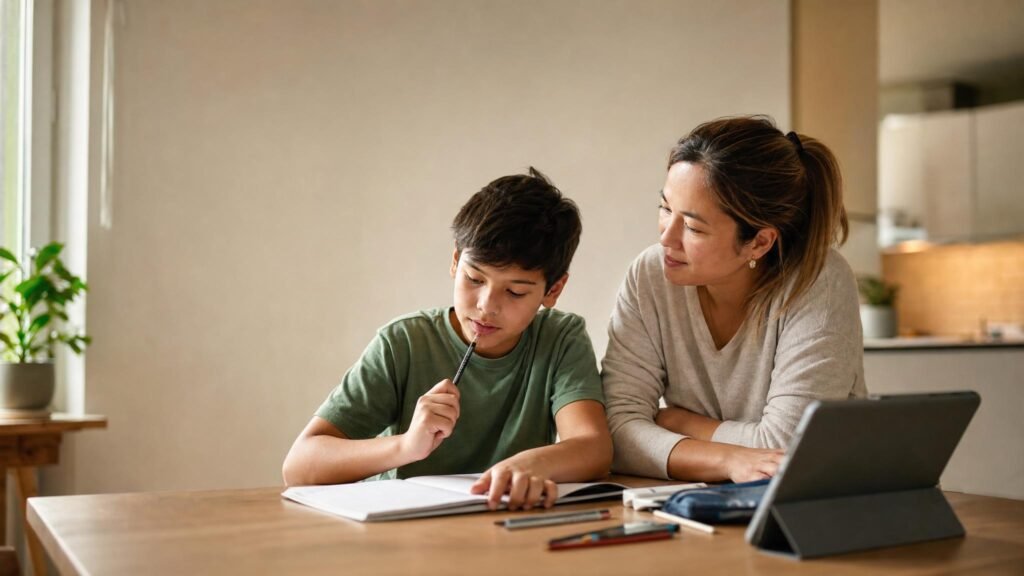 Parent and child reviewing homework at a kitchen table beside a tablet and notebook