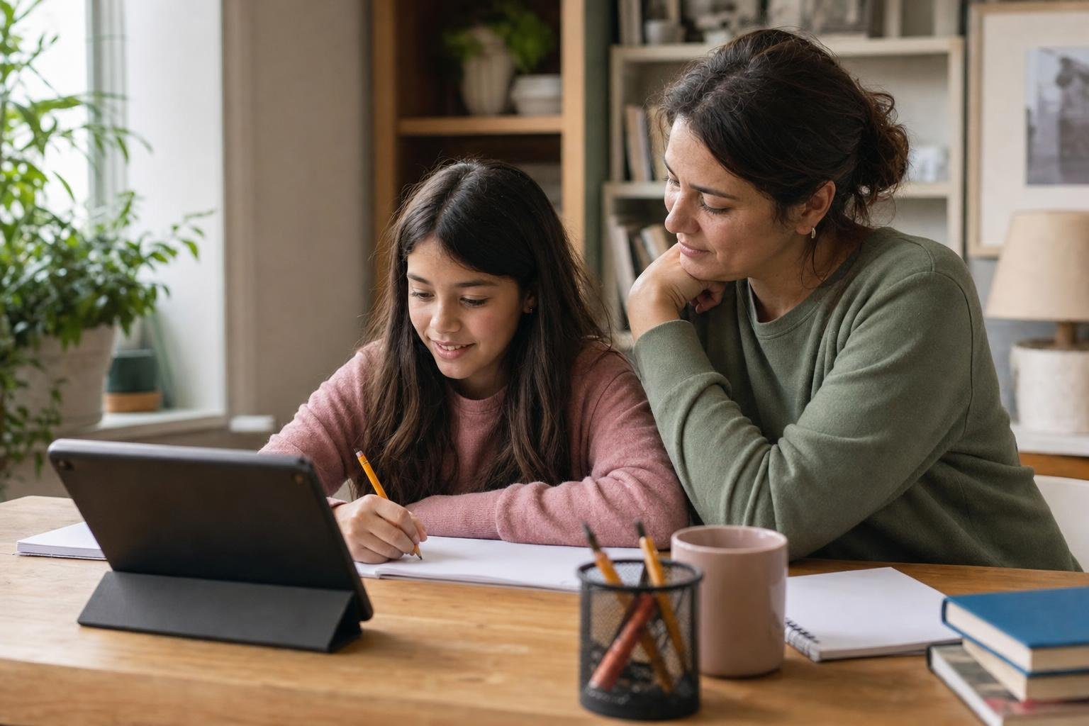 Everyday mom and child working together at a home table with a tablet, notebook, and pencil
