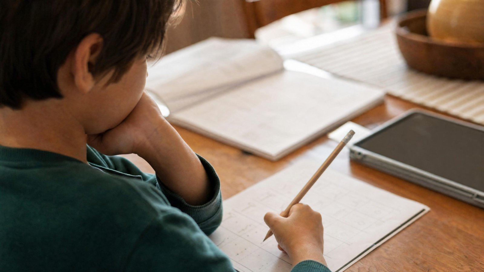 Child pausing to think before writing on a homework worksheet with a realistic pencil grip and tablet nearby